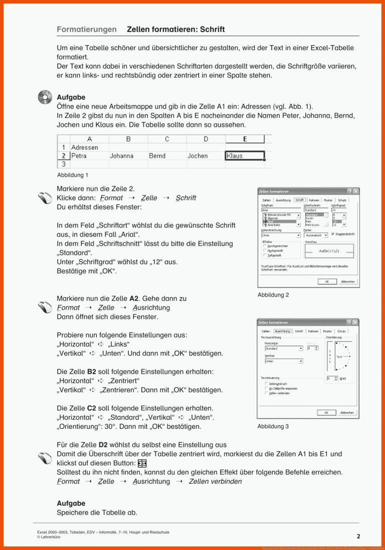 Sekundarstufe Unterrichtsmaterial Informatik Excel 2000-2003, Tabellen für informatik klasse 7 arbeitsblätter