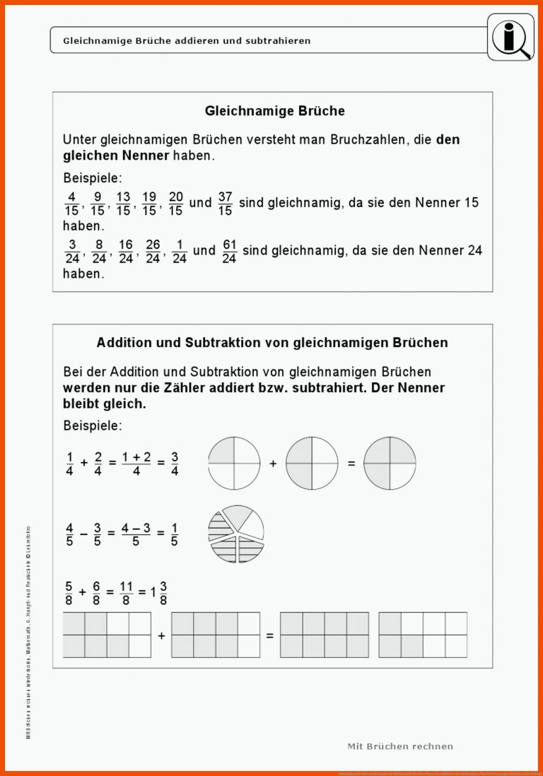 Sekundarstufe Unterrichtsmaterial Mathematik Bruchrechnen für addition und subtraktion von gleichnamigen brüchen arbeitsblatt