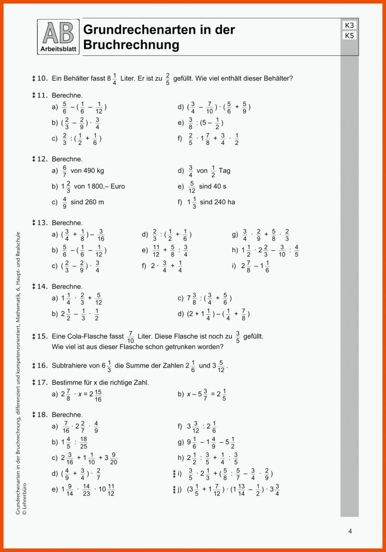 Sekundarstufe Unterrichtsmaterial Mathematik Bruchrechnen für bruchrechnen arbeitsblätter mit lösungen 6 klasse