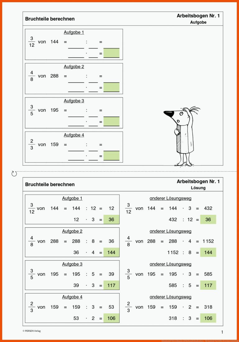 Sekundarstufe Unterrichtsmaterial Mathematik Bruchrechnen ... für bruchteile von größen berechnen arbeitsblatt