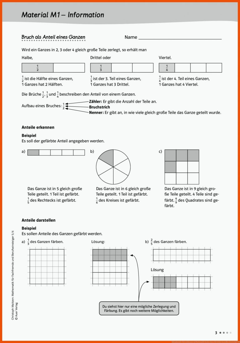 Sekundarstufe Unterrichtsmaterial Mathematik Bruchrechnen für brüche darstellen arbeitsblatt pdf