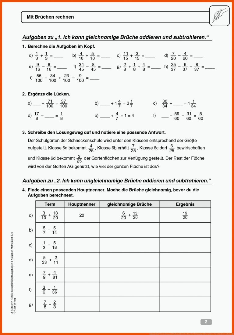 Sekundarstufe Unterrichtsmaterial Mathematik Bruchrechnen für gleichnamige brüche addieren und subtrahieren arbeitsblatt