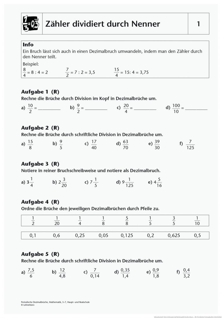 Sekundarstufe Unterrichtsmaterial Mathematik Bruchrechnen ... Fuer Periodische Dezimalzahlen Arbeitsblatt