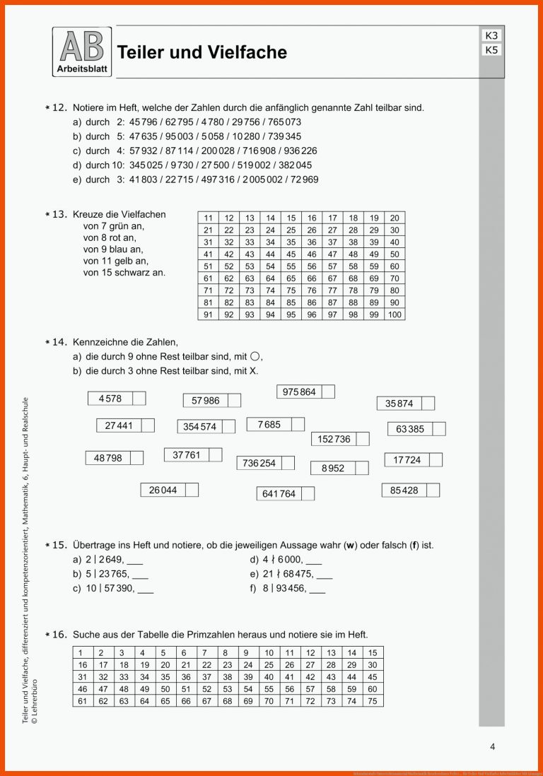 Sekundarstufe Unterrichtsmaterial Mathematik Bruchrechnen Teiler ... für teiler und vielfache arbeitsblätter mit lösungen