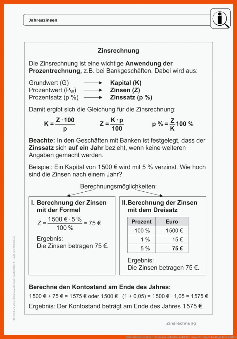 Sekundarstufe Unterrichtsmaterial Mathematik für prozentrechnen im kopf arbeitsblatt