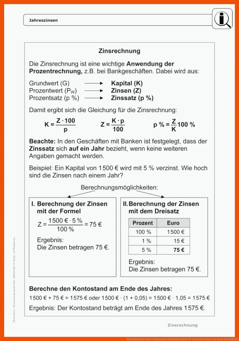 Sekundarstufe Unterrichtsmaterial Mathematik Fuer Prozentrechnen Im Kopf Arbeitsblatt