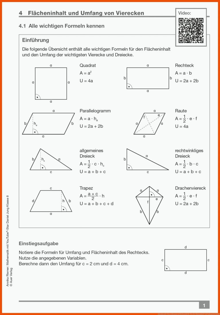 Sekundarstufe Unterrichtsmaterial Mathematik für vierecke flächeninhalt und umfang arbeitsblatt