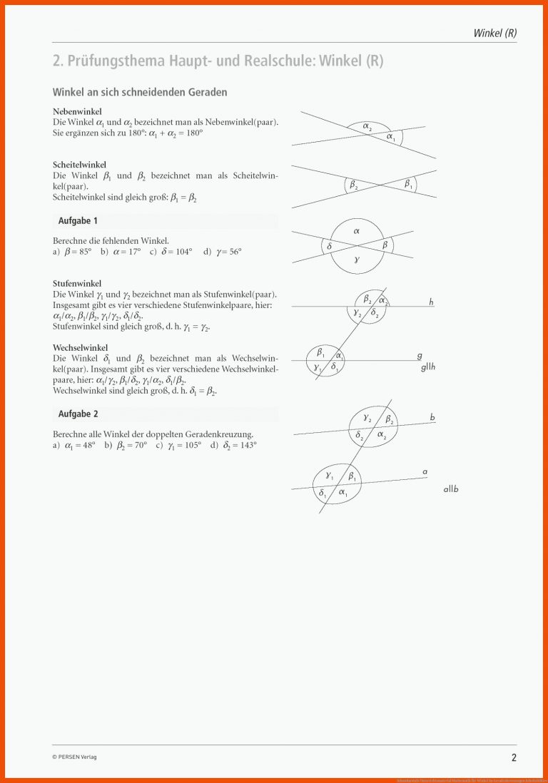 Sekundarstufe Unterrichtsmaterial Mathematik für winkel an geradenkreuzungen arbeitsblätter