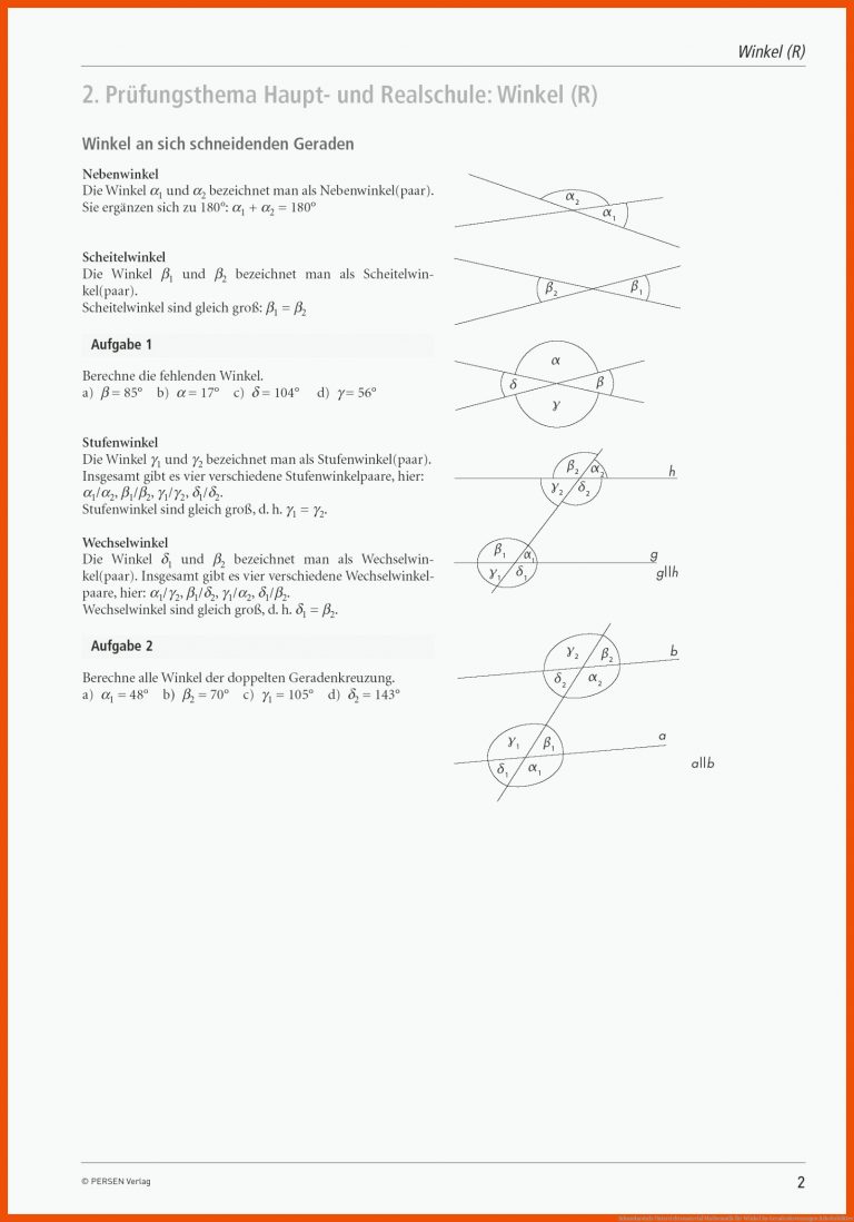 Sekundarstufe Unterrichtsmaterial Mathematik Fuer Winkel An Geradenkreuzungen Arbeitsblätter