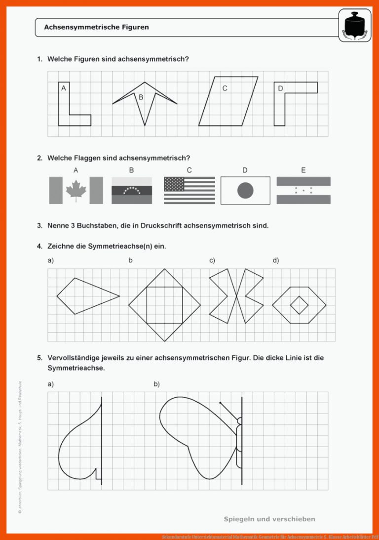 Sekundarstufe Unterrichtsmaterial Mathematik Geometrie für achsensymmetrie 5. klasse arbeitsblätter pdf