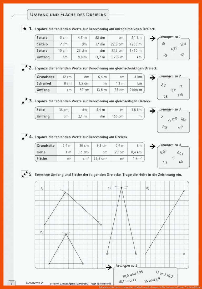 Sekundarstufe Unterrichtsmaterial Mathematik Geometrie für geometrie klasse 7 arbeitsblätter