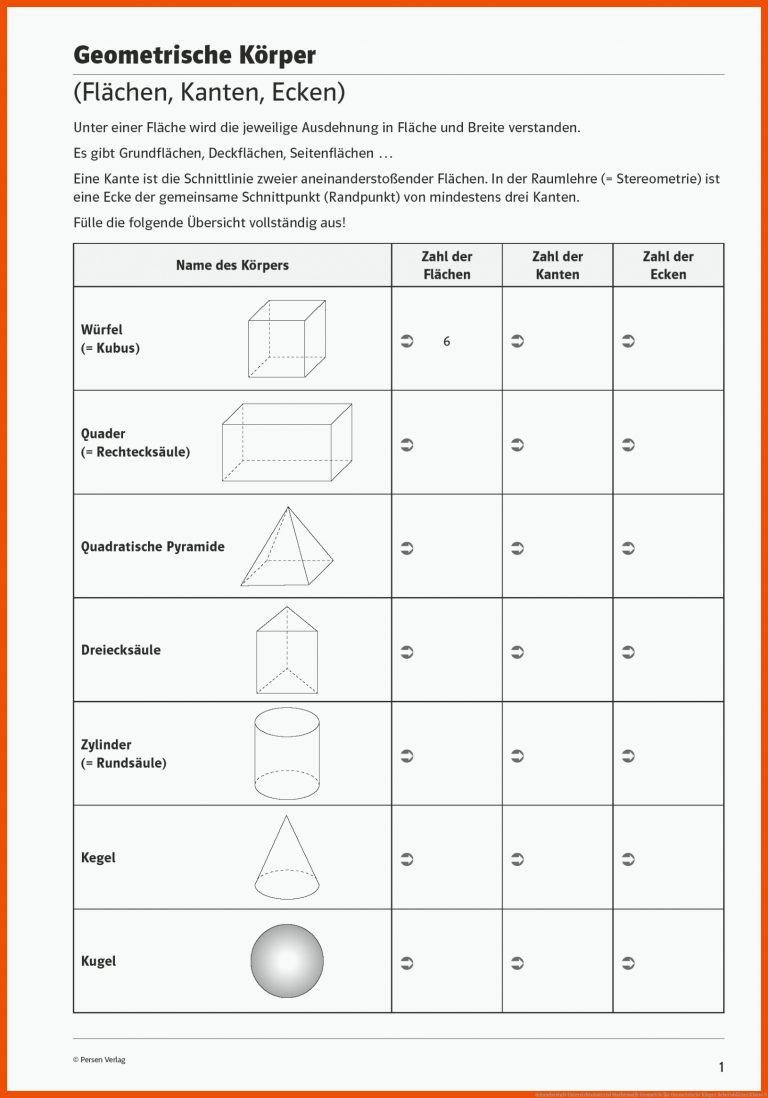 Sekundarstufe Unterrichtsmaterial Mathematik Geometrie Fuer Geometrische Körper Arbeitsblätter Klasse 5