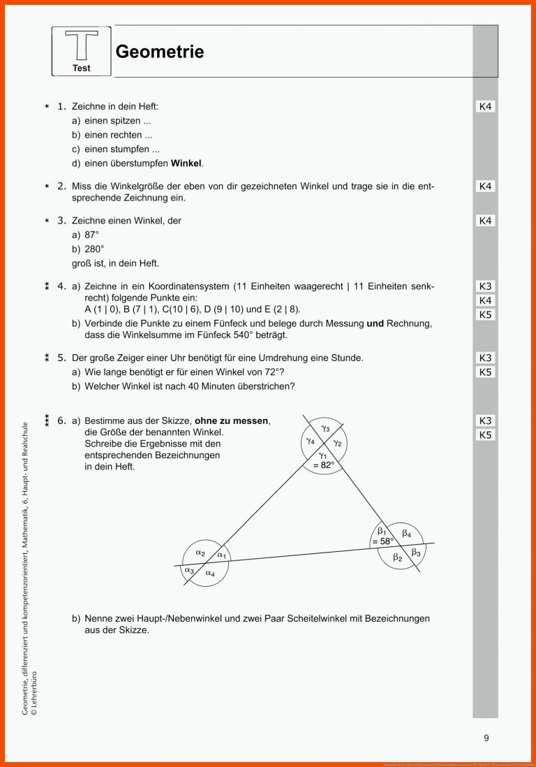 Sekundarstufe Unterrichtsmaterial Mathematik Geometrie für mathe 6. klasse winkel arbeitsblätter