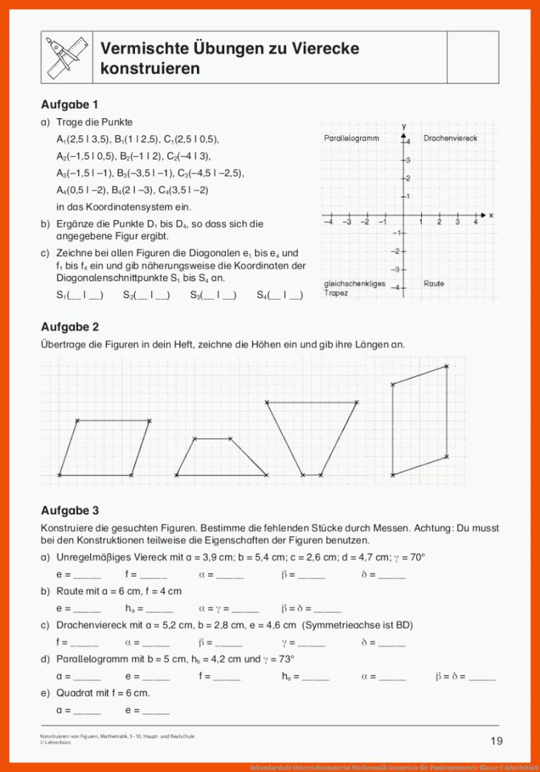Sekundarstufe Unterrichtsmaterial Mathematik Geometrie Fuer Punktsymmetrie Klasse 5 Arbeitsblatt