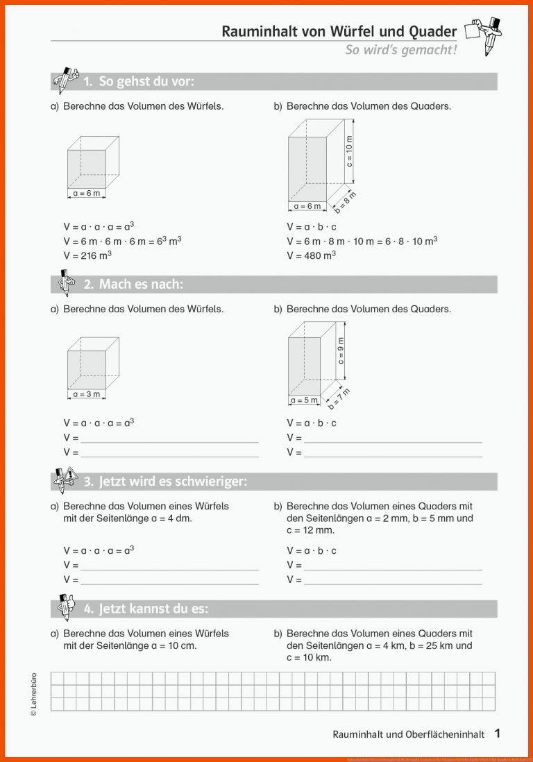 Sekundarstufe Unterrichtsmaterial Mathematik Geometrie für volumen und oberfläche würfel und quader arbeitsblatt pdf
