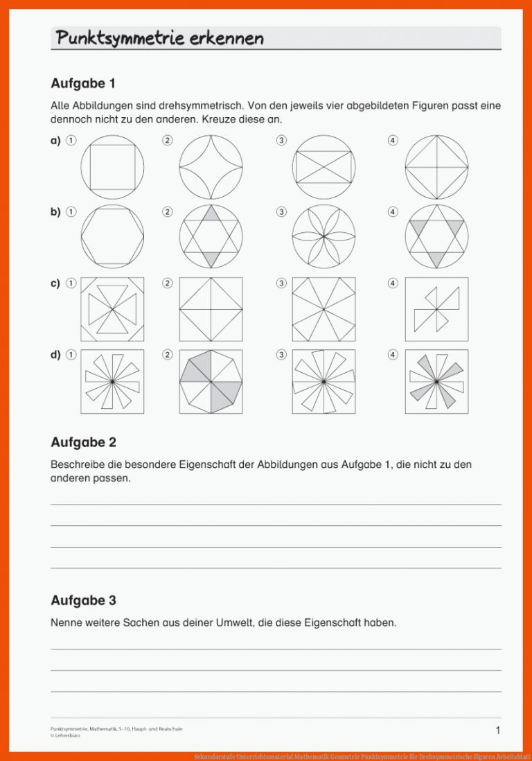 Sekundarstufe Unterrichtsmaterial Mathematik Geometrie Punktsymmetrie für drehsymmetrische figuren arbeitsblatt