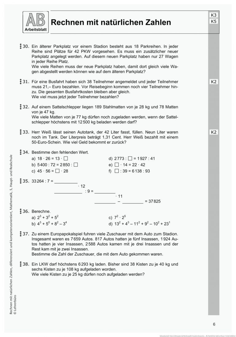 Sekundarstufe Unterrichtsmaterial Mathematik Grundrechenarten ... für Natürliche Zahlen Klasse 5 Arbeitsblätter