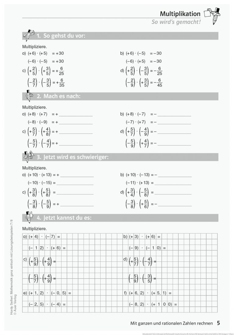 Sekundarstufe Unterrichtsmaterial Mathematik Grundrechenarten für Rechnen Mit Rationale Zahlen Arbeitsblätter Mit Lösungen 7. Klasse