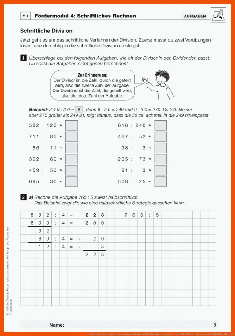 Sekundarstufe Unterrichtsmaterial Mathematik Grundrechenarten ... für schriftliche division arbeitsblätter klasse 5