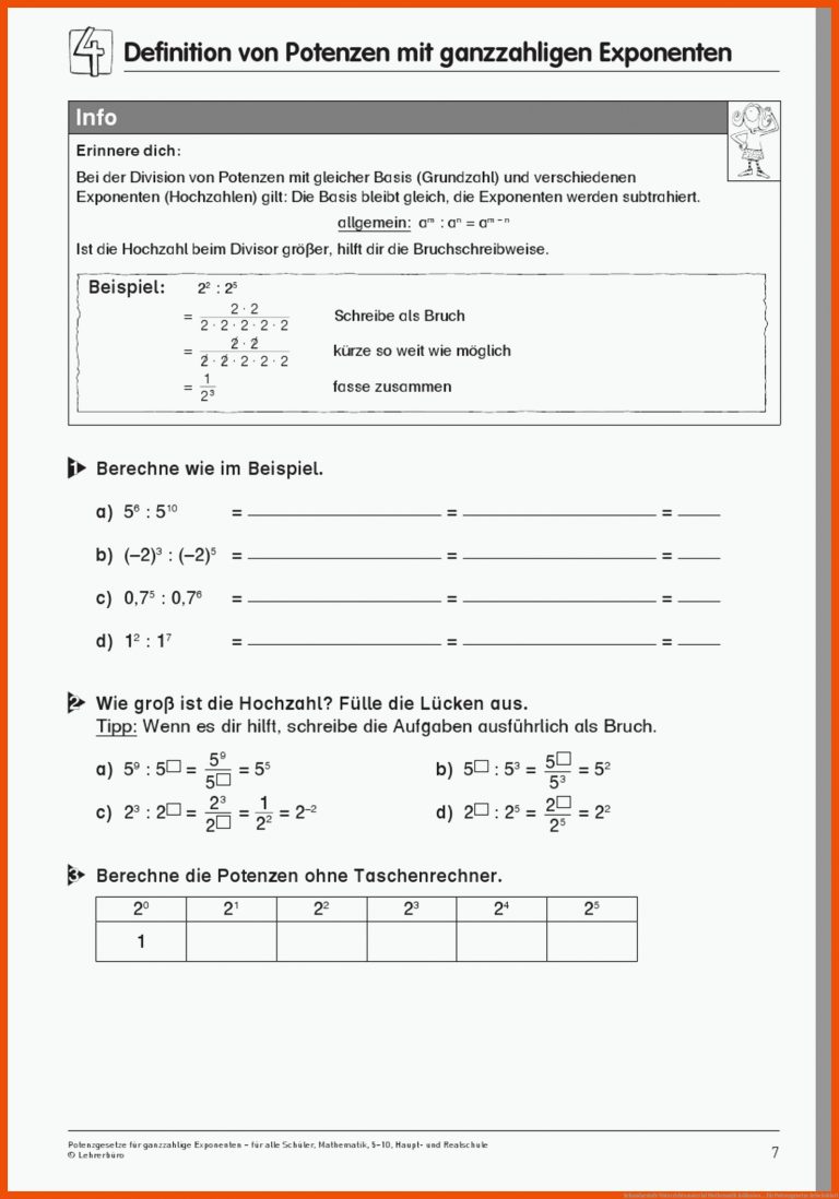 Sekundarstufe Unterrichtsmaterial Mathematik Inklusion ... für potenzgesetze arbeitsblatt