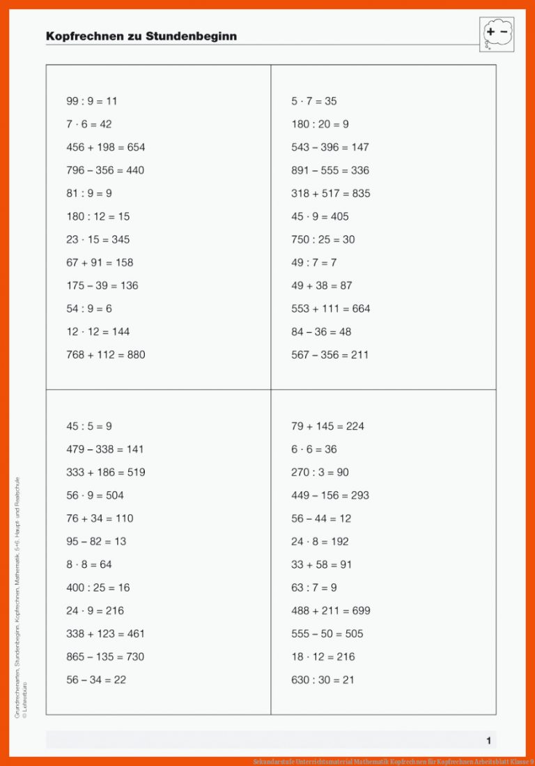 Sekundarstufe Unterrichtsmaterial Mathematik Kopfrechnen für kopfrechnen arbeitsblatt klasse 9