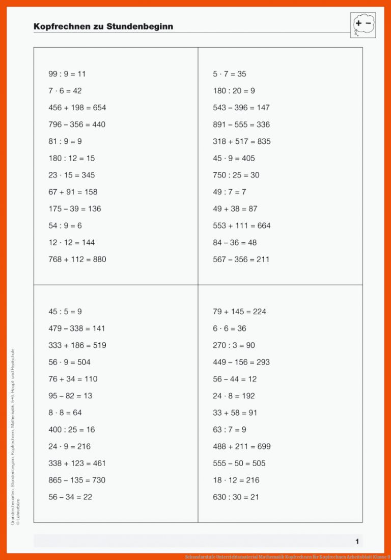 Sekundarstufe Unterrichtsmaterial Mathematik Kopfrechnen Fuer Kopfrechnen Arbeitsblatt Klasse 9