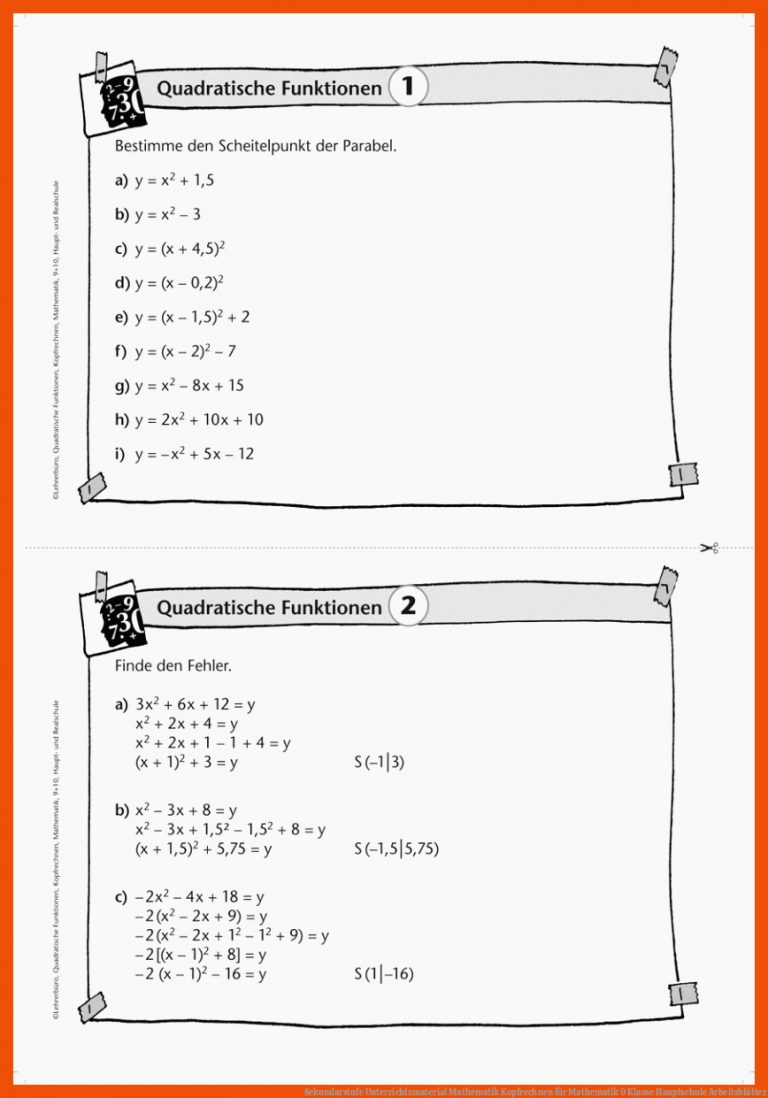 Sekundarstufe Unterrichtsmaterial Mathematik Kopfrechnen für mathematik 9 klasse hauptschule arbeitsblätter