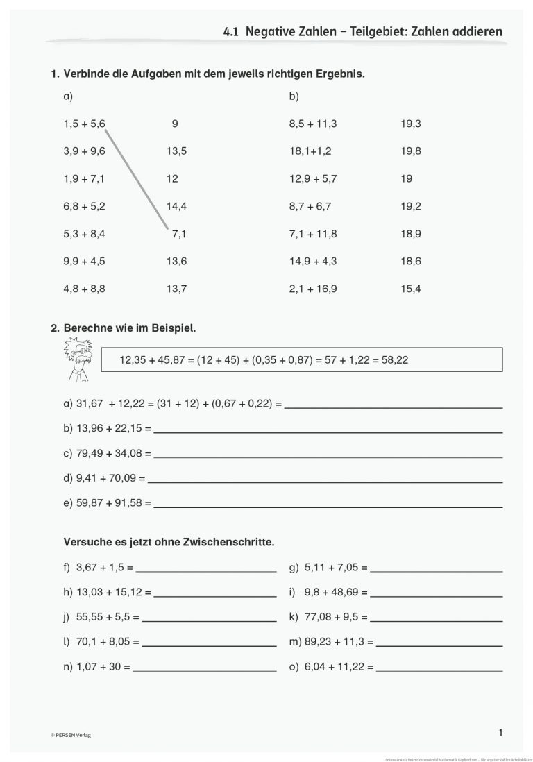 Sekundarstufe Unterrichtsmaterial Mathematik Kopfrechnen ... für Negative Zahlen Arbeitsblätter