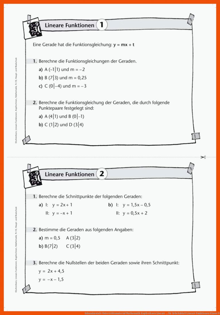 Sekundarstufe Unterrichtsmaterial Mathematik Kopfrechnen Lineare ... Fuer Arbeitsblatt Lineare Funktionen Klasse 8