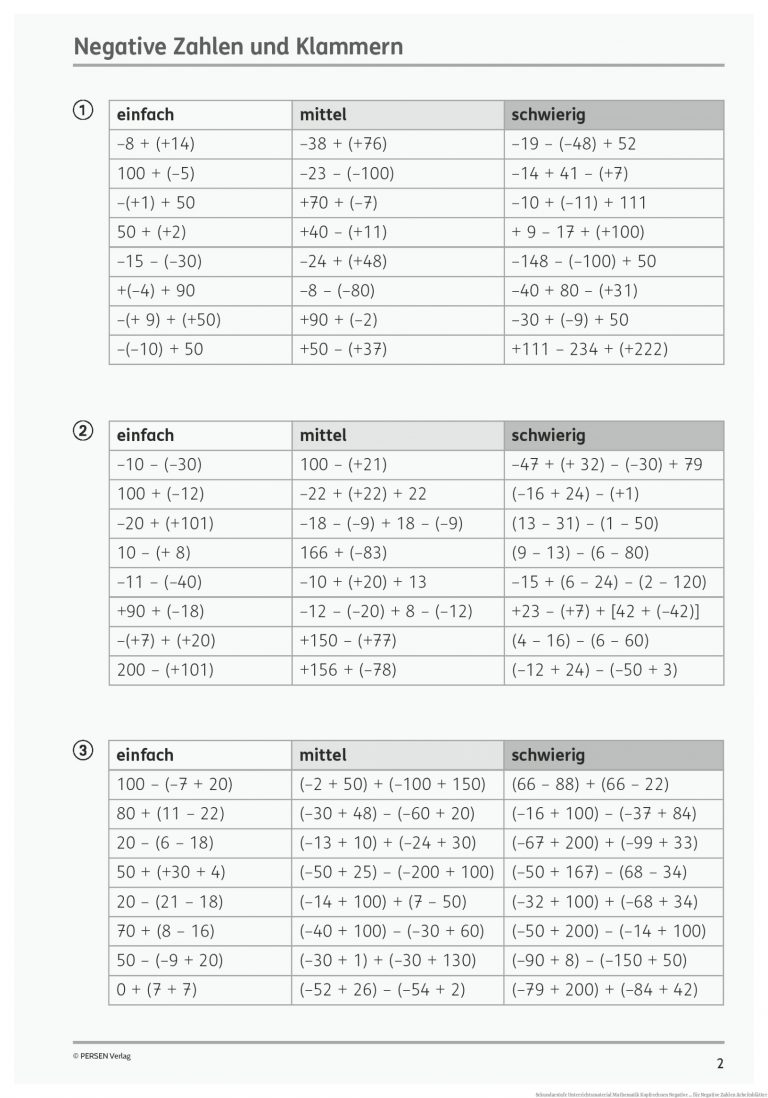 Sekundarstufe Unterrichtsmaterial Mathematik Kopfrechnen Negative ... für Negative Zahlen Arbeitsblätter