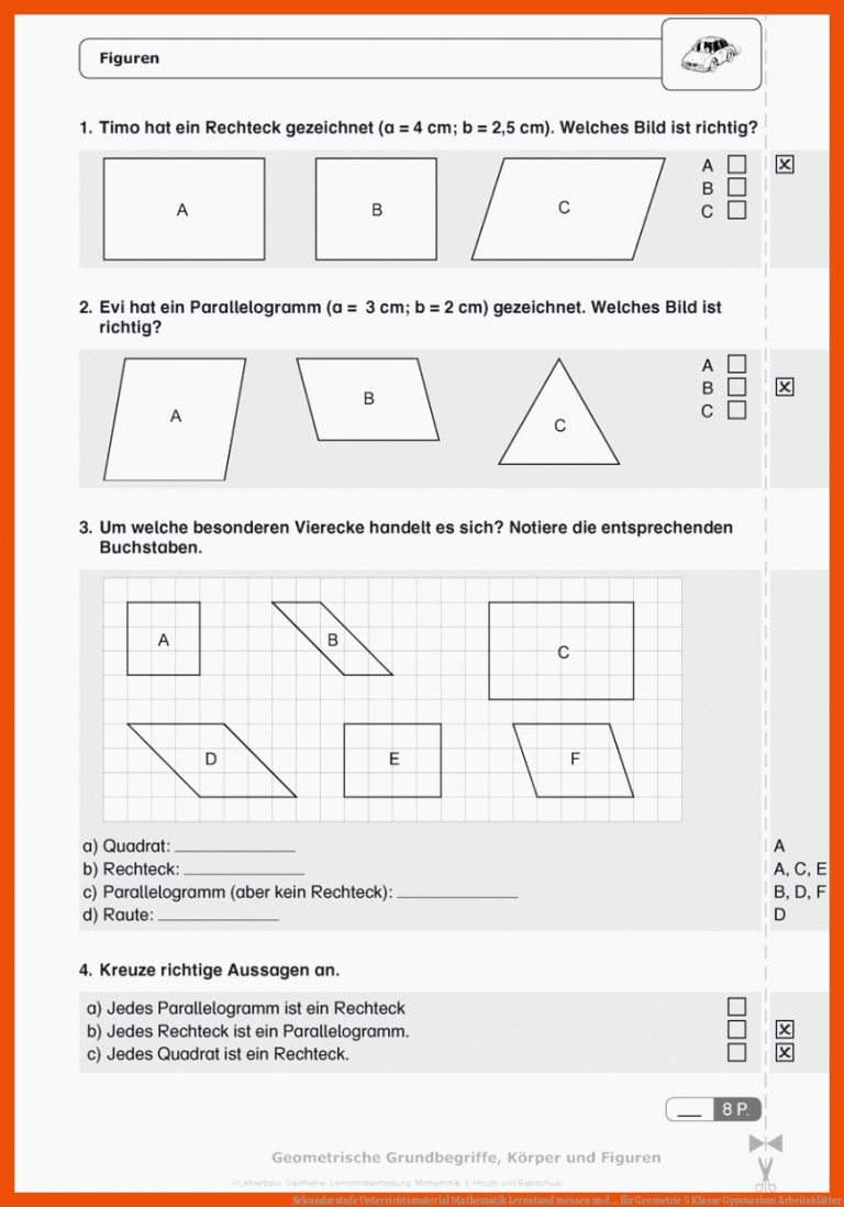 Sekundarstufe Unterrichtsmaterial Mathematik Lernstand messen und ... für geometrie 5 klasse gymnasium arbeitsblätter