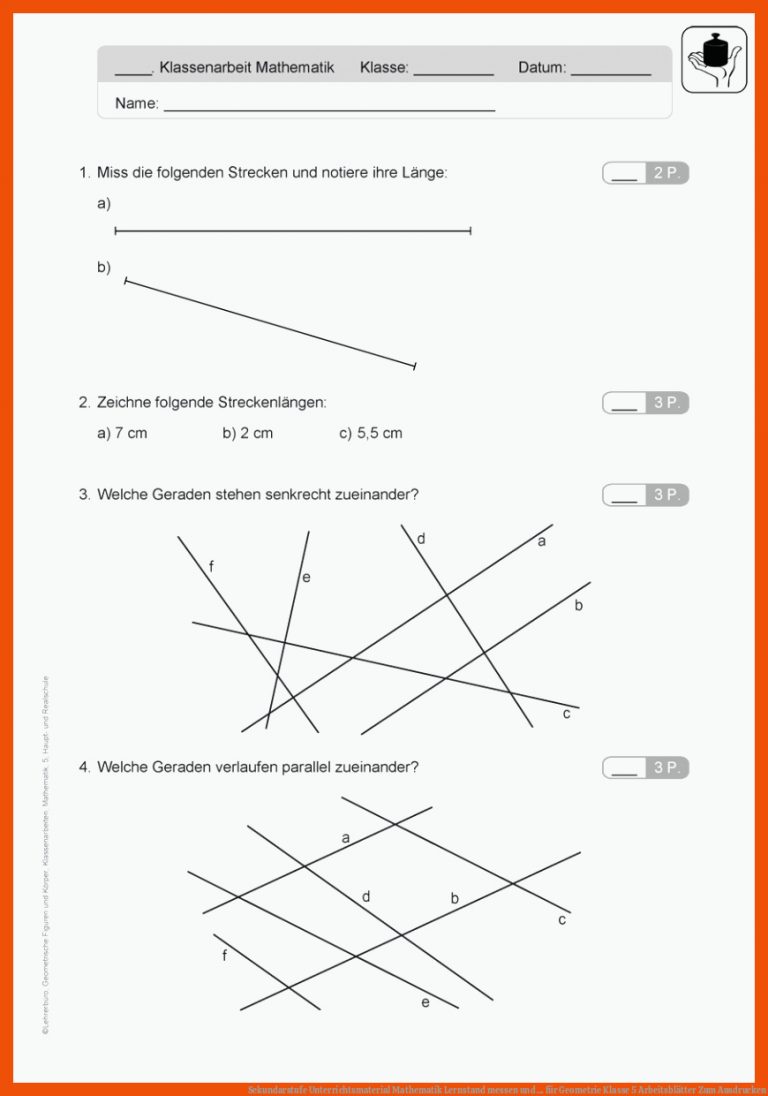 Sekundarstufe Unterrichtsmaterial Mathematik Lernstand messen und ... für geometrie klasse 5 arbeitsblätter zum ausdrucken