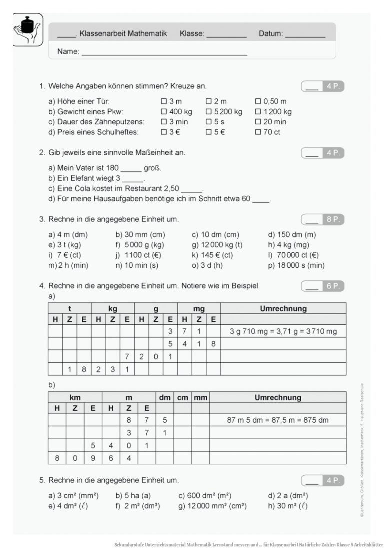 Sekundarstufe Unterrichtsmaterial Mathematik Lernstand messen und ... für Klassenarbeit Natürliche Zahlen Klasse 5 Arbeitsblätter