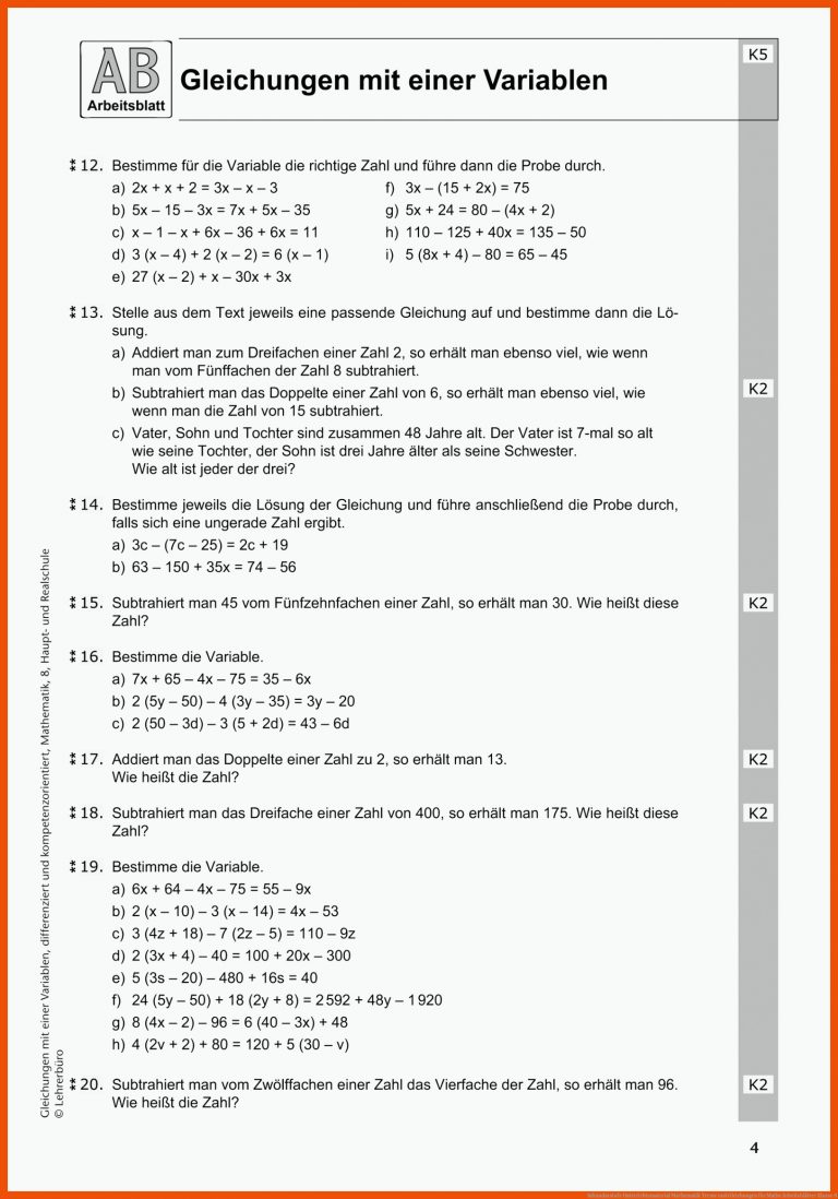 Sekundarstufe Unterrichtsmaterial Mathematik Terme und Gleichungen für mathe arbeitsblätter klasse 8
