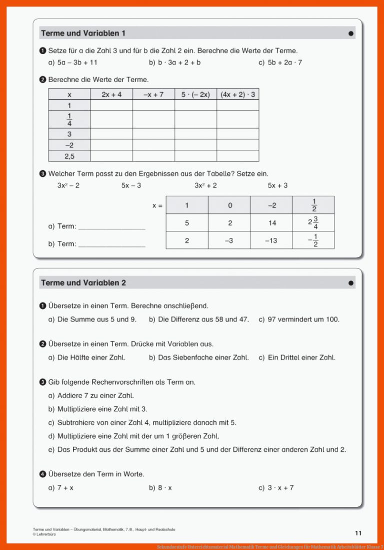 Sekundarstufe Unterrichtsmaterial Mathematik Terme und Gleichungen für mathematik arbeitsblätter klasse 7