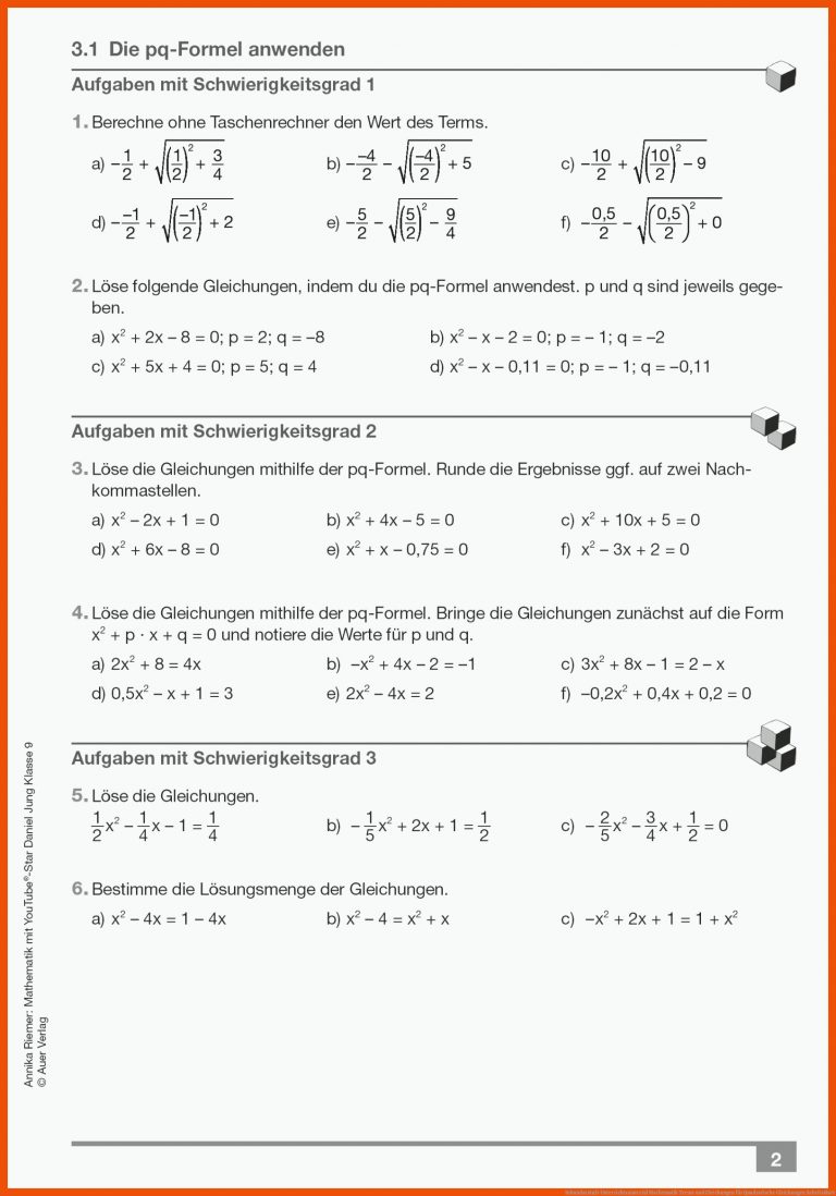 Sekundarstufe Unterrichtsmaterial Mathematik Terme Und Gleichungen Fuer Quadratische Gleichungen Arbeitsblatt