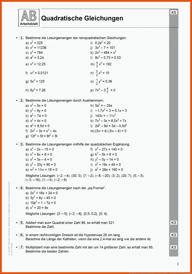Sekundarstufe Unterrichtsmaterial Mathematik Terme und Gleichungen ... für quadratische gleichungen arbeitsblatt