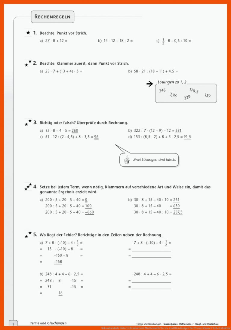 Sekundarstufe Unterrichtsmaterial Mathematik Terme und Gleichungen für terme klasse 7 arbeitsblätter