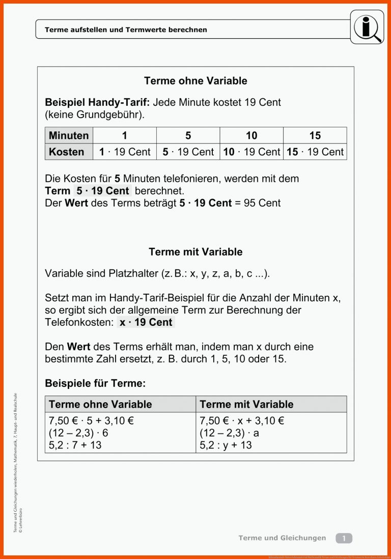Sekundarstufe Unterrichtsmaterial Mathematik Terme Und Gleichungen Fuer Termwerte Berechnen Arbeitsblatt