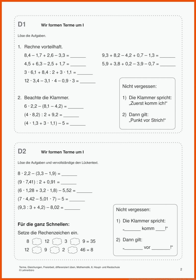 Sekundarstufe Unterrichtsmaterial Mathematik Terme und Gleichungen für vorteilhaftes rechnen klasse 5 arbeitsblätter