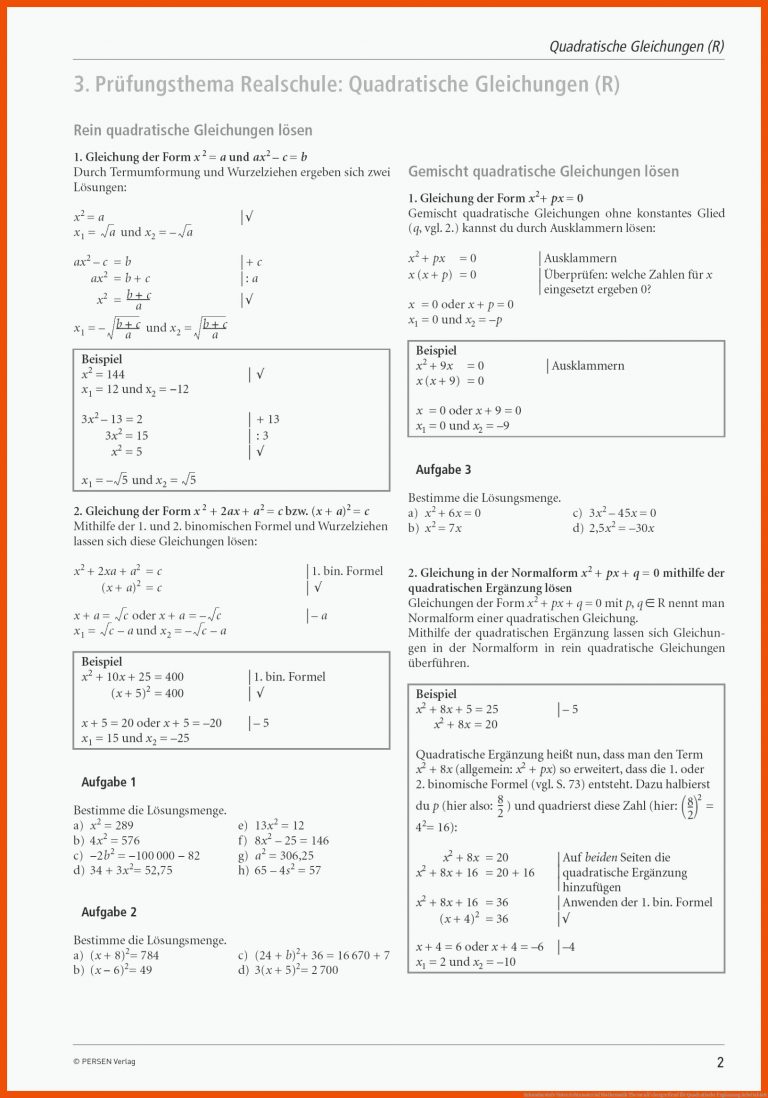 Sekundarstufe Unterrichtsmaterial Mathematik ThemenÃ¼bergreifend für quadratische ergänzung arbeitsblatt