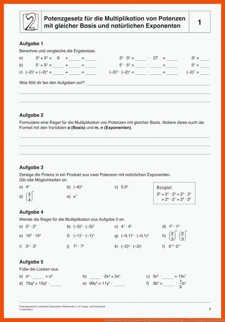 Sekundarstufe Unterrichtsmaterial Mathematik Zahlen und Mengen ... für potenzgesetze arbeitsblatt