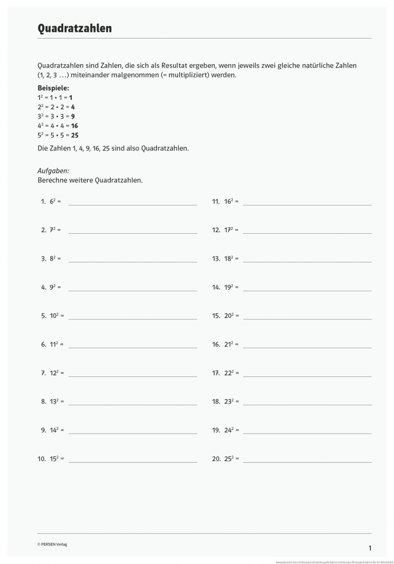 Sekundarstufe Unterrichtsmaterial Mathematik Zahlen und Mengen für Quadratzahlen Bis 20 Arbeitsblatt