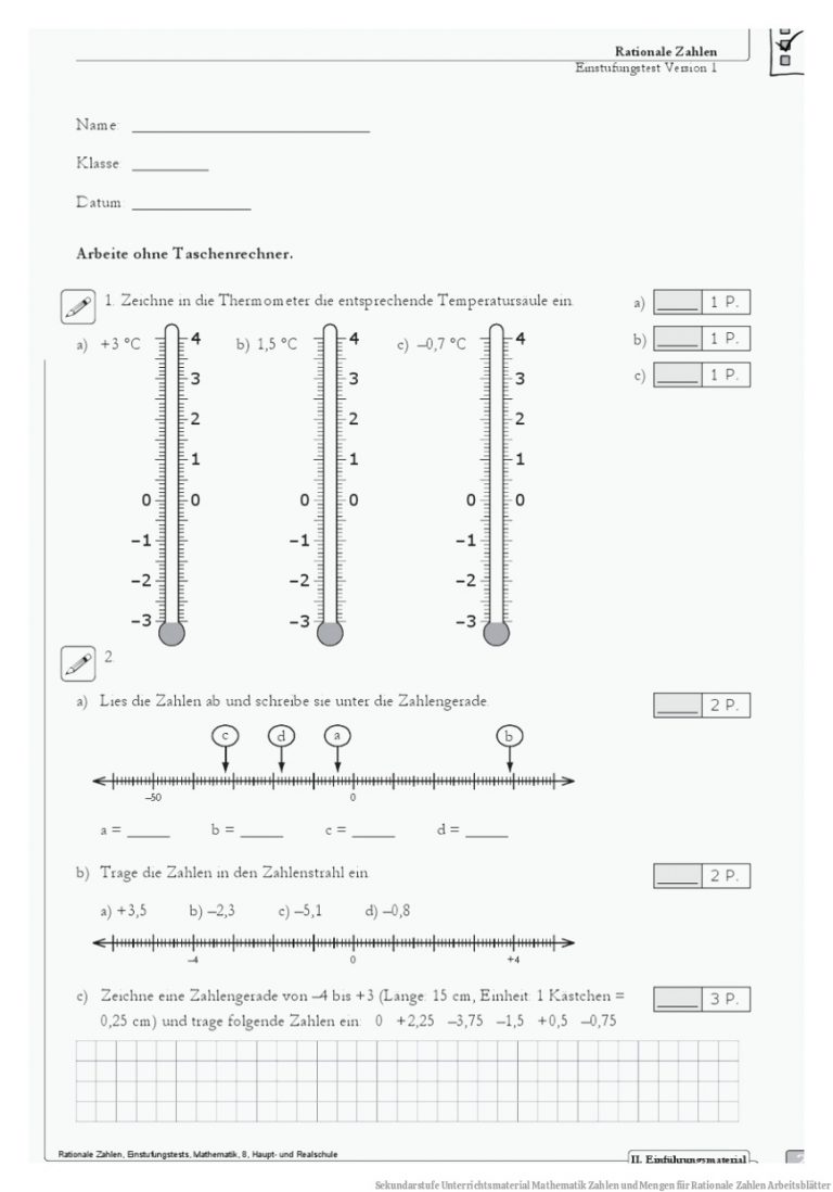Sekundarstufe Unterrichtsmaterial Mathematik Zahlen Und Mengen Fuer Rationale Zahlen Arbeitsblätter