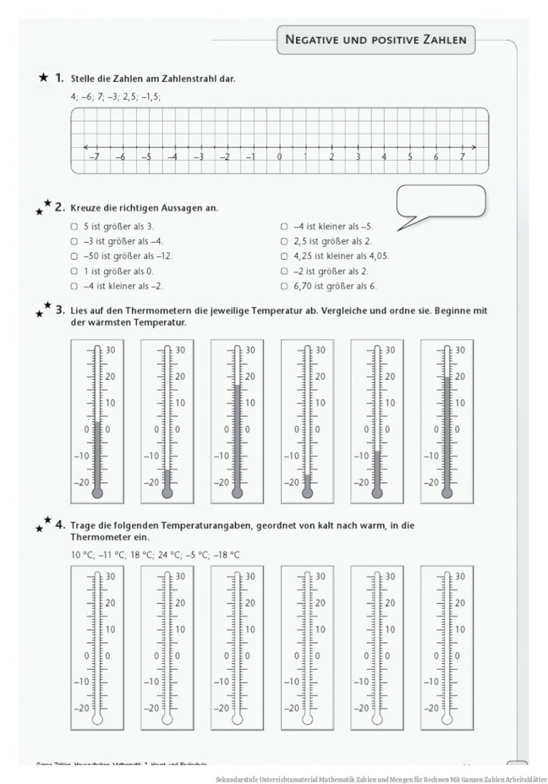 Sekundarstufe Unterrichtsmaterial Mathematik Zahlen und Mengen für Rechnen Mit Ganzen Zahlen Arbeitsblätter