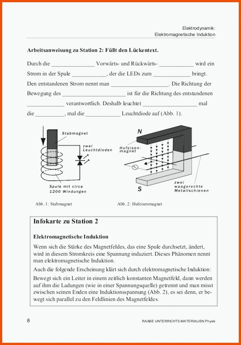 Sekundarstufe Unterrichtsmaterial Physik ElektrizitÃ¤tslehre ... Fuer Elektromagnetische Induktion Arbeitsblatt