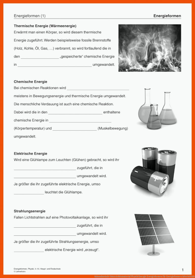Sekundarstufe Unterrichtsmaterial Physik Energie Energieformen Fuer Energieformen Arbeitsblatt