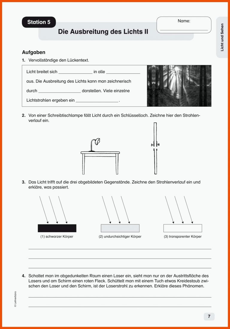 Sekundarstufe Unterrichtsmaterial Physik Optik/Akustik für ausbreitung des lichts arbeitsblatt