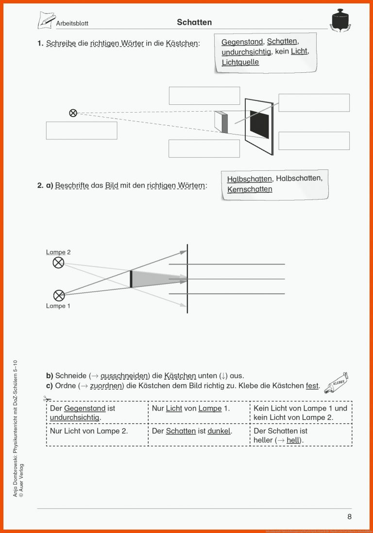Sekundarstufe Unterrichtsmaterial Physik Optik/Akustik für physik licht und schatten arbeitsblätter