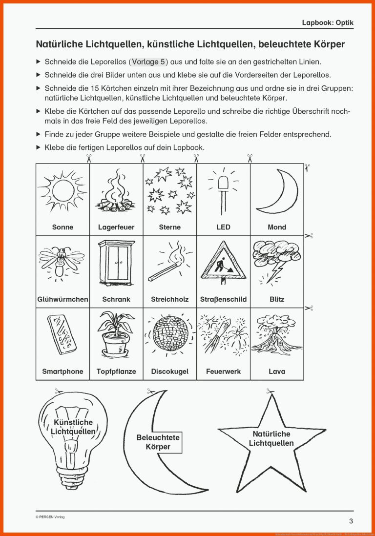 Sekundarstufe Unterrichtsmaterial Physik Optik/Akustik Optik ... für lichtquellen arbeitsblatt